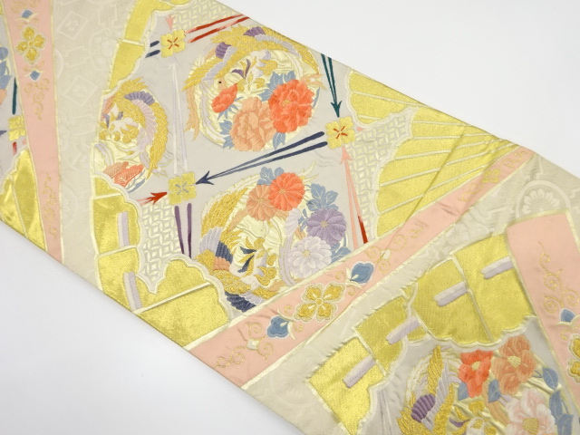 アンティーク　桧扇に花鳥・松葉模様織り出し袋帯（材料）